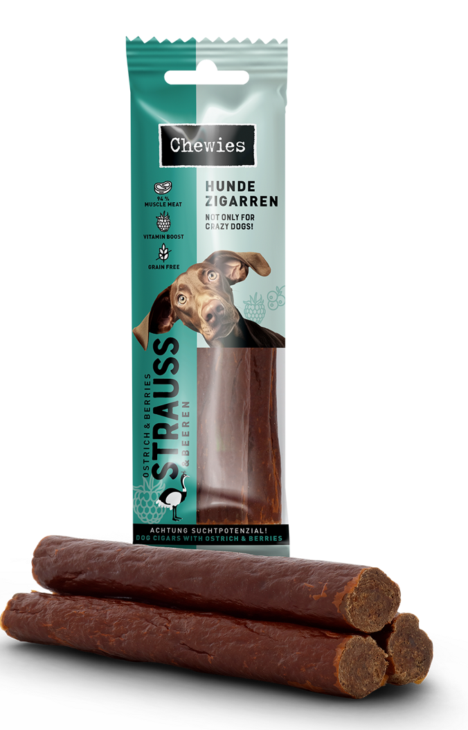 Chewies Hundezigarren Pštrosí salámky s malinami a rybízem 75 g