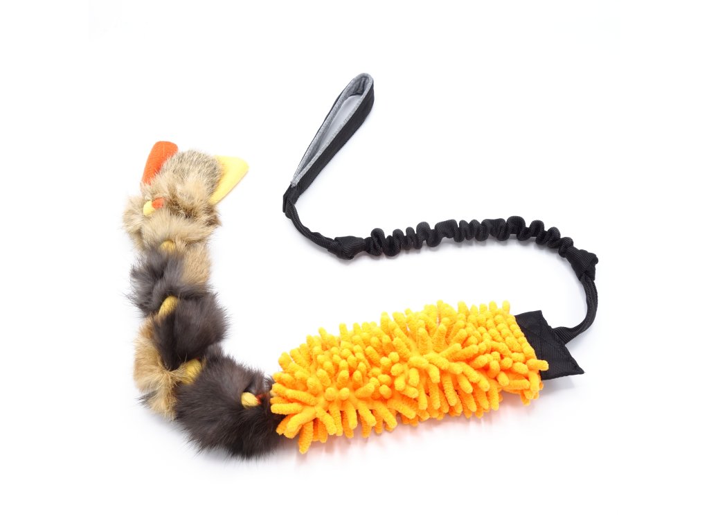 Pískací Potvůrky - Přetahovadlo pro psa s amortizérem – mop s králičí kožešinou, motaný uzel oranžová