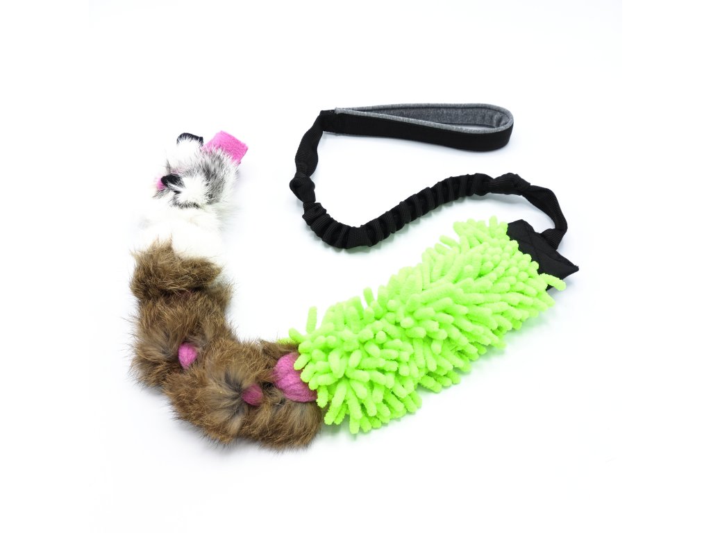 Pískací Potvůrky - Přetahovadlo pro psa s amortizérem – mop s králičí kožešinou, motaný uzel žlutozelená