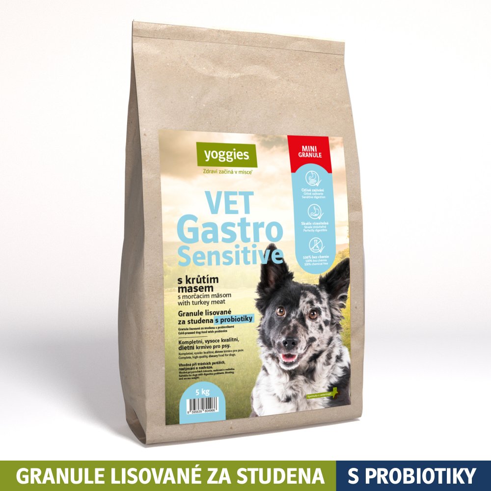 Yoggies VET Gastro Sensitive s krůtím masem, minigranule lisované za studena s probiotiky 5kg