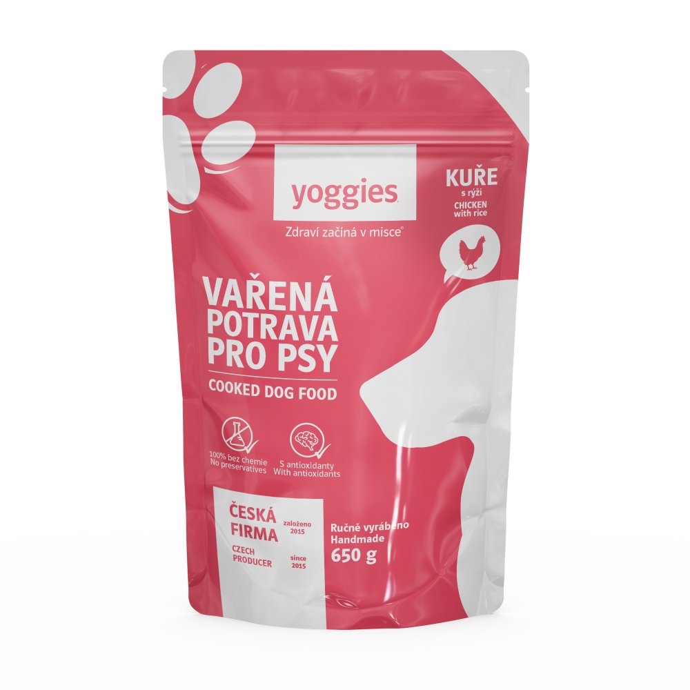 Yoggies Vařená potrava pro psy – kuřecí maso s rýží 650g