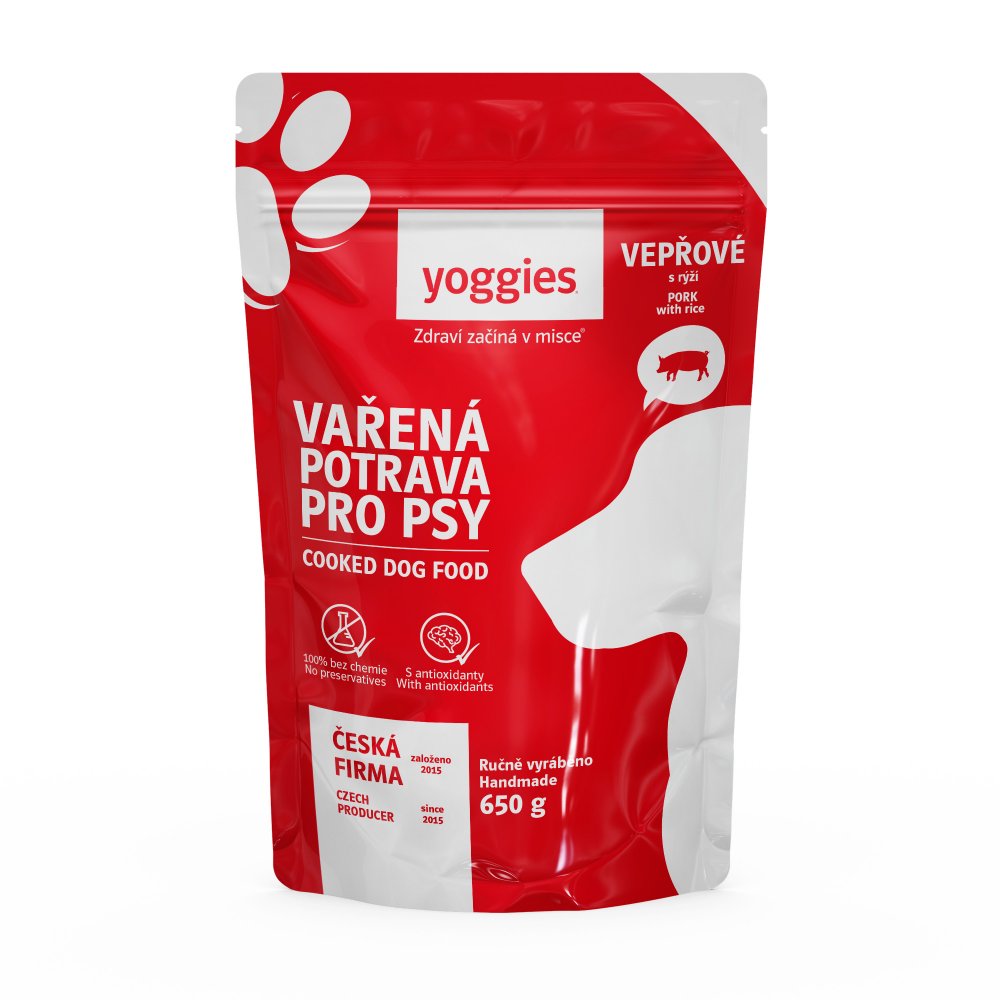 Yoggies Vařená potrava pro psy – vepřové maso s rýží 650g