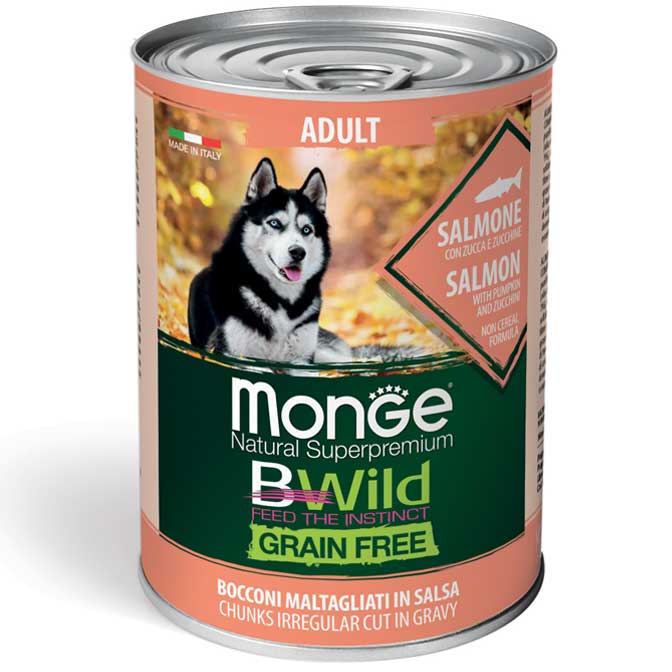 MONGE BWILD GRAIN FREE Adult Lososové kousky v omáčce s dýní a cuketou 400g