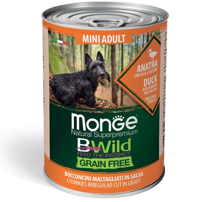 MONGE BWILD GRAIN FREE Mini Adult, Kachní kousky v omáčce s dýní a cuketou 400g