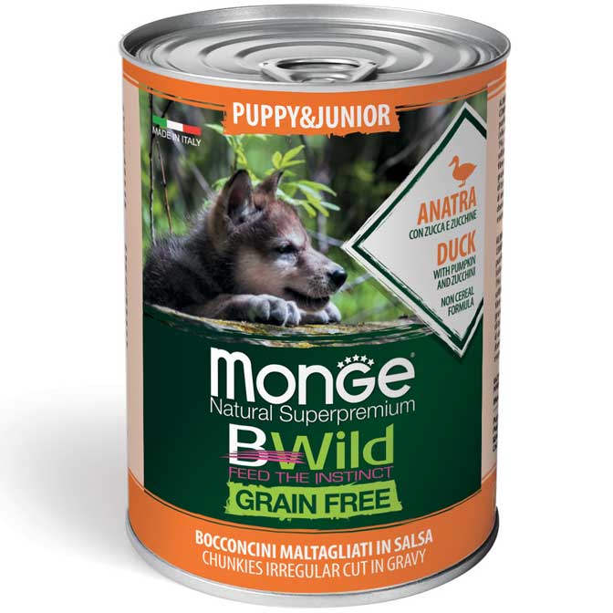 MONGE BWILD GRAIN FREE Puppy, Kachní kousky v omáčce s dýní a cuketou 400g
