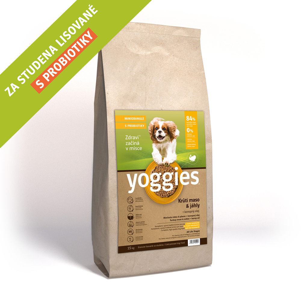 MINIGRANULE Monoproteinové Yoggies s krůtím masem a jáhly, lisované za studena s probiotiky 15kg