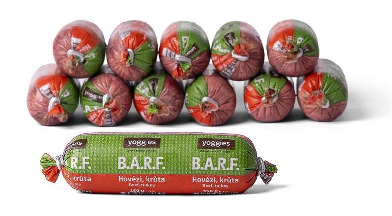 Yoggies B.A.R.F. Hovězí a krůta s probiotiky Syrové maso pro psy 1800 g (12x150g)
