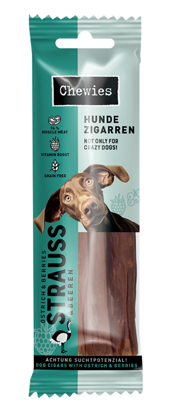 Chewies Hundezigarren Pštrosí salámky s malinami a rybízem 75 g