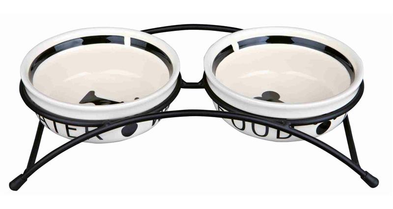 Stojánek s bílými keramickými miskami s kostí 2x0,25 l/13 cm