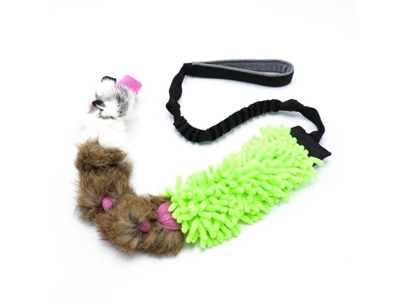 Pískací Potvůrky - Přetahovadlo pro psa s amortizérem – mop s králičí kožešinou, motaný uzel žlutozelená