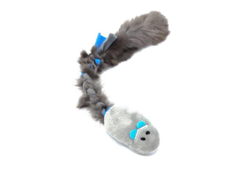 Pískací Potvůrky – myš s králičí kožešinou a chrastítkem - modré ouška