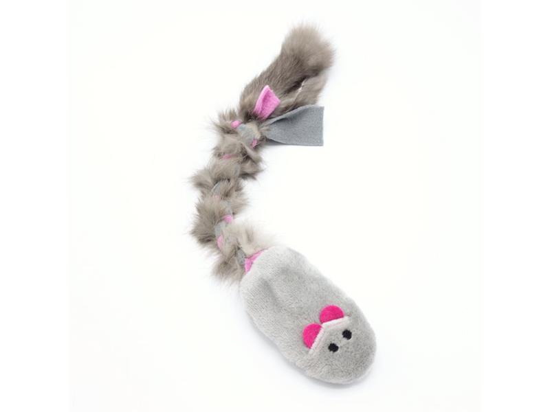 Pískací Potvůrky – myš s králičí kožešinou a chrastítkem - růžové ouška