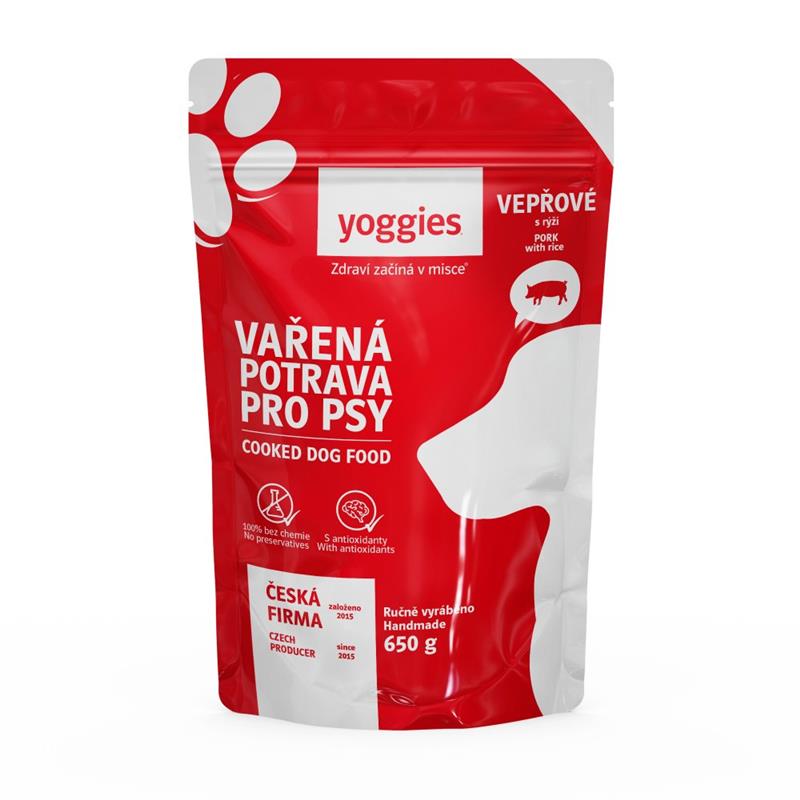 Yoggies Vařená potrava pro psy – vepřové maso s rýží 650g