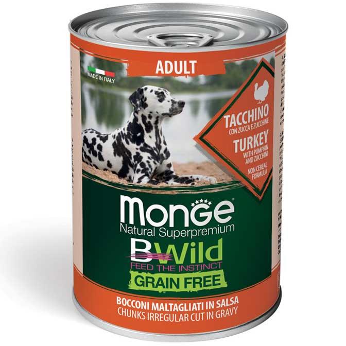 MONGE BWILD GRAIN FREE Adult, Krůtí kousky v omáčce s dýní a cuketou 400g