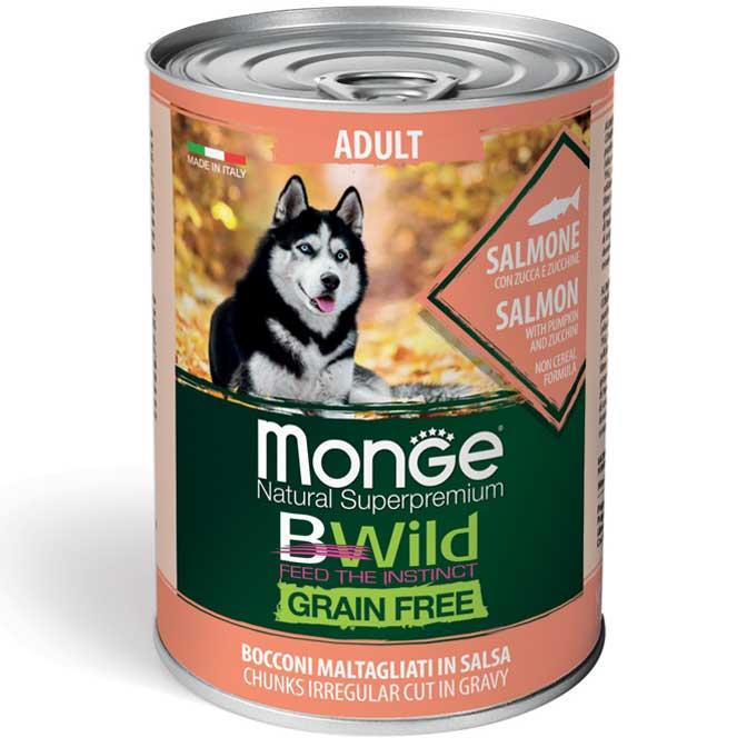 MONGE BWILD GRAIN FREE Adult Lososové kousky v omáčce s dýní a cuketou 400g