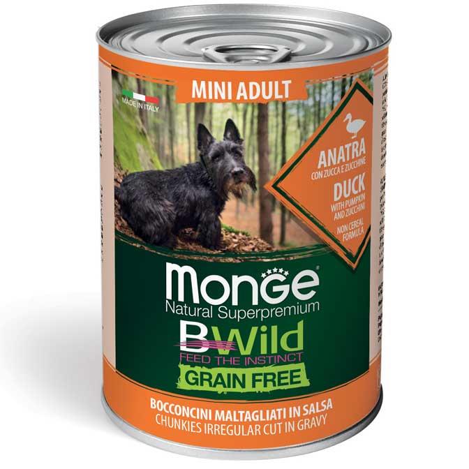 MONGE BWILD GRAIN FREE Mini Adult, Kachní kousky v omáčce s dýní a cuketou 400g