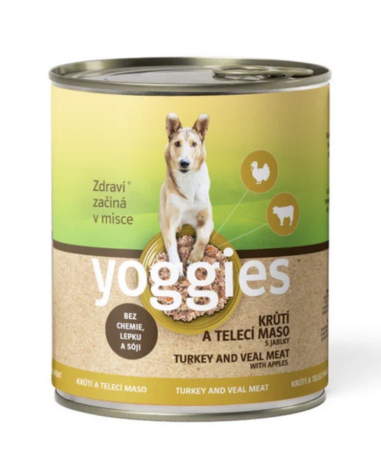 Yoggies konzerva Krůtí a Telecí maso s jablky 800g