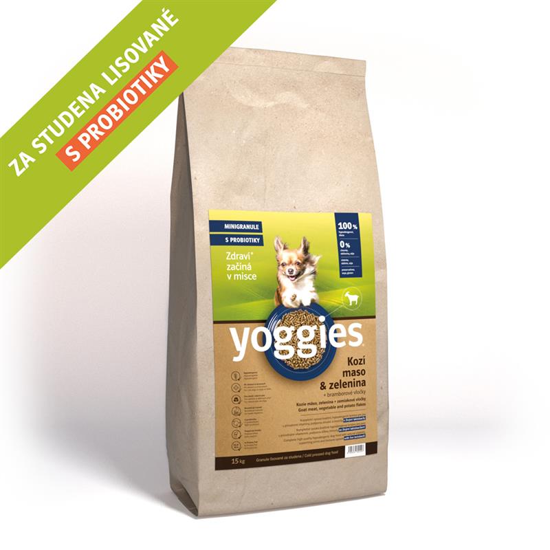 Yoggies Hypoalergenní MINIGRANULE pro psy s kozím masem, lisované za studena 15 kg