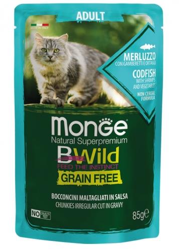 MONGE BWILD CAT Grain Free kapsička ADULT Treska se zeleninou 85g