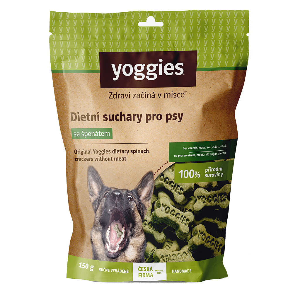 Yoggies NOVÉ dietní suchary pro psy bez masa a lepku se špenátem 150g